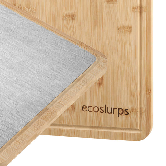 EcoSlurps Double Sided Chopping Board with 304 Stainless Steel and Natural Bamboo Wood Surface
