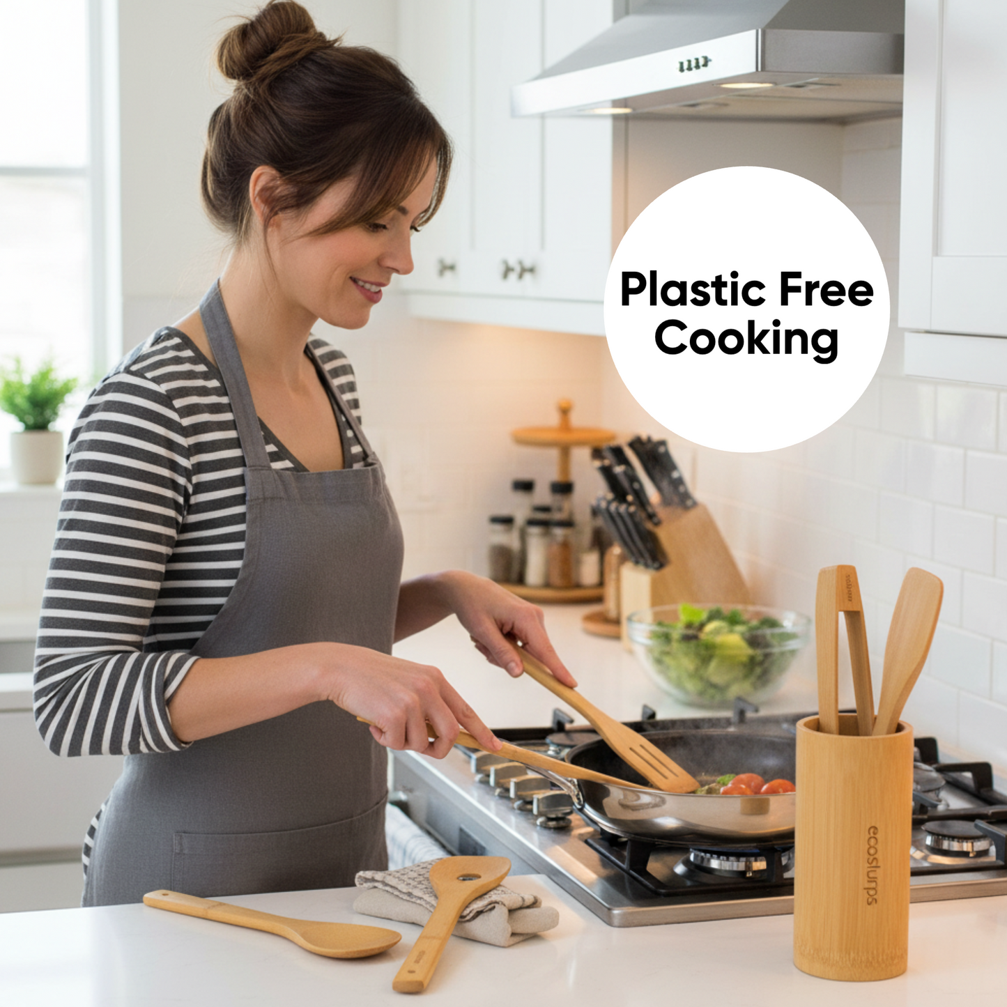EcoSlurps 8 Bamboo Kitchen Utensils Set - British Brand of Carbonised Wooden Spoons, Spatulas and Utensils Non-Stick Wooden Material with Storage Holder - Premium Kitchen Gift Set (8)