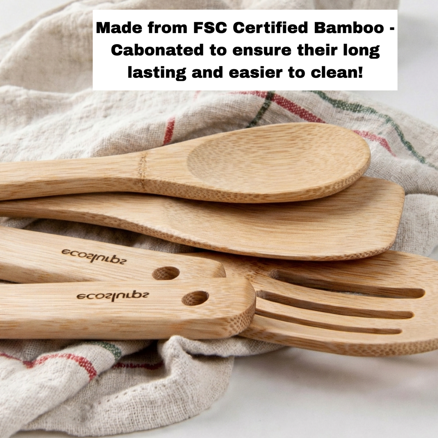 EcoSlurps 8 Bamboo Kitchen Utensils Set - British Brand of Carbonised Wooden Spoons, Spatulas and Utensils Non-Stick Wooden Material with Storage Holder - Premium Kitchen Gift Set (8)