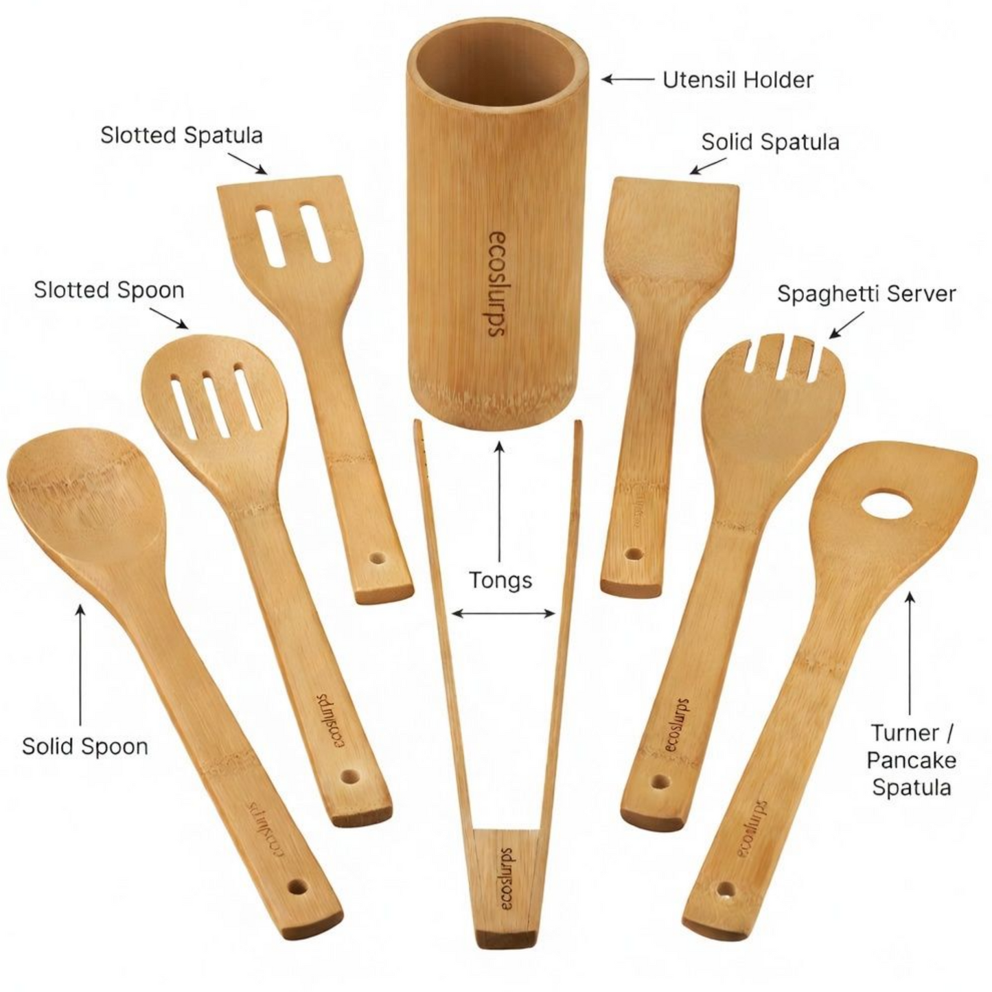 EcoSlurps 8 Bamboo Kitchen Utensils Set - British Brand of Carbonised Wooden Spoons, Spatulas and Utensils Non-Stick Wooden Material with Storage Holder - Premium Kitchen Gift Set (8)