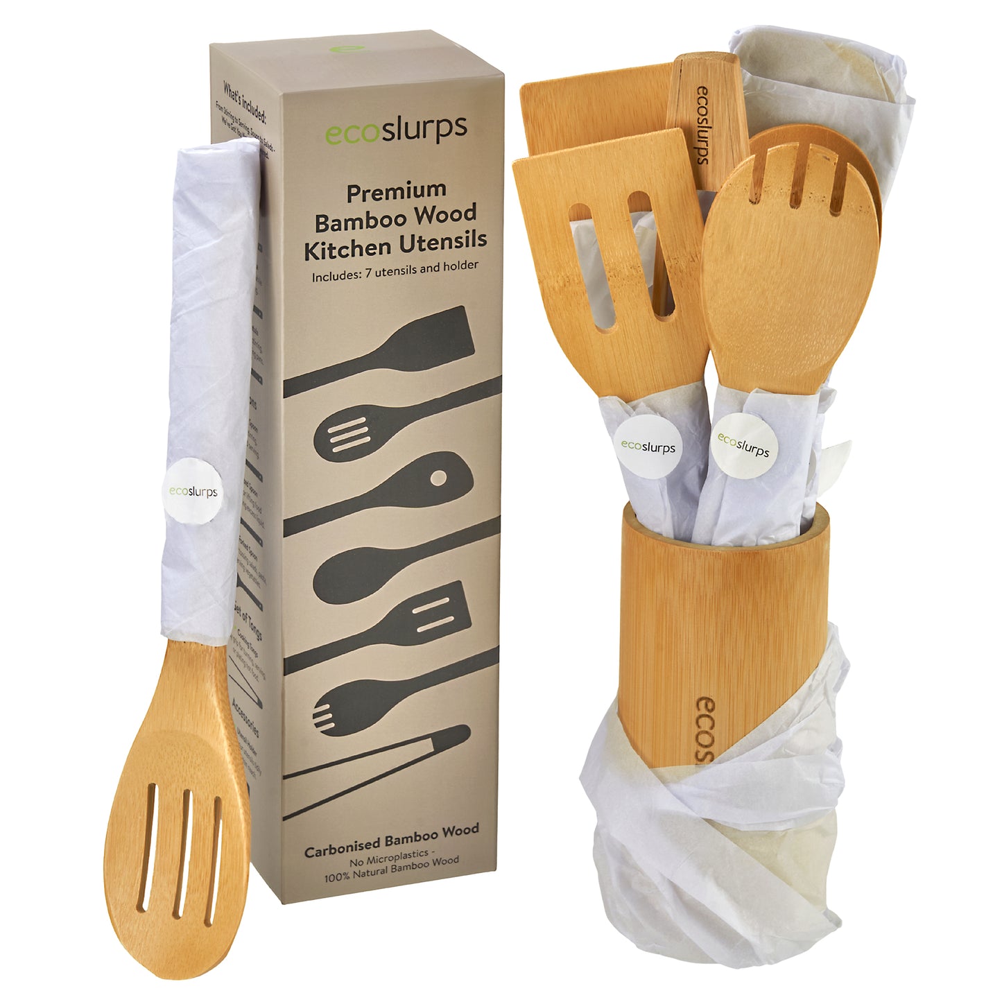 EcoSlurps 8 Bamboo Kitchen Utensils Set - British Brand of Carbonised Wooden Spoons, Spatulas and Utensils Non-Stick Wooden Material with Storage Holder - Premium Kitchen Gift Set (8)
