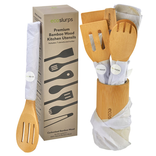 EcoSlurps 8 Bamboo Kitchen Utensils Set - British Brand of Carbonised Wooden Spoons, Spatulas and Utensils Non-Stick Wooden Material with Storage Holder - Premium Kitchen Gift Set (8)