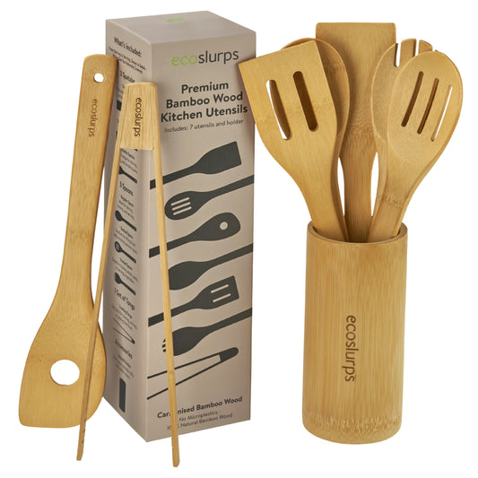 EcoSlurps 8 Bamboo Kitchen Utensils Set - British Brand of Carbonised Wooden Spoons, Spatulas and Utensils Non-Stick Wooden Material with Storage Holder - Premium Kitchen Gift Set (8)