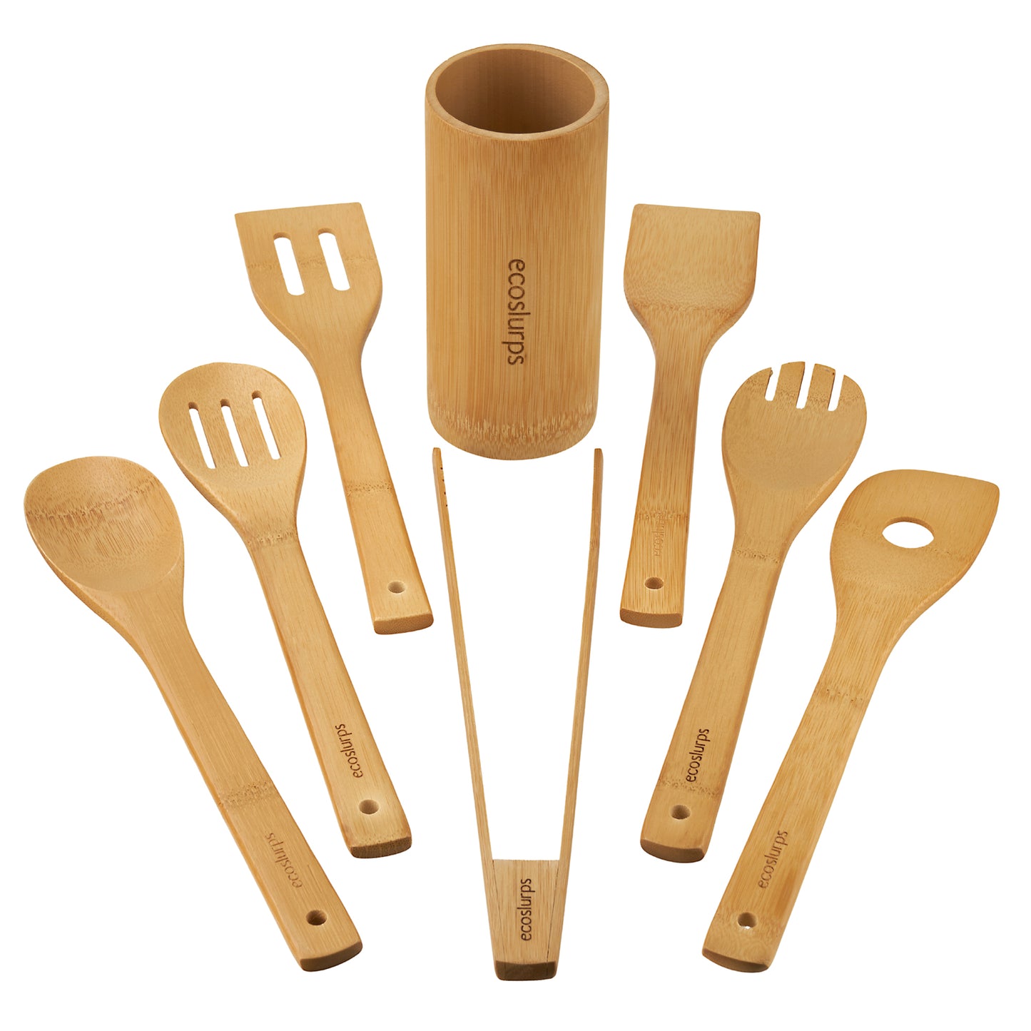 EcoSlurps 8 Bamboo Kitchen Utensils Set - British Brand of Carbonised Wooden Spoons, Spatulas and Utensils Non-Stick Wooden Material with Storage Holder - Premium Kitchen Gift Set (8)