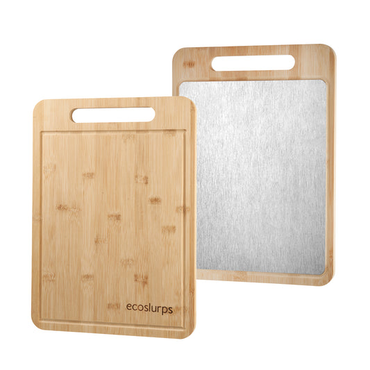 EcoSlurps Double Sided Chopping Board with 304 Stainless Steel and Natural Bamboo Wood Surface