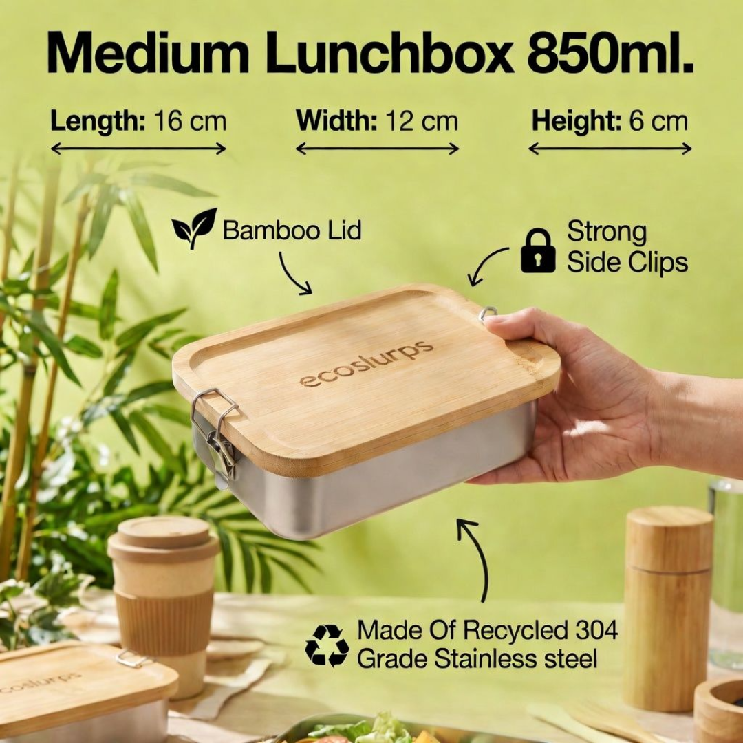 Sandwich Box - Lunchbox Made of recycled steel & bamboo lid with strong side clips