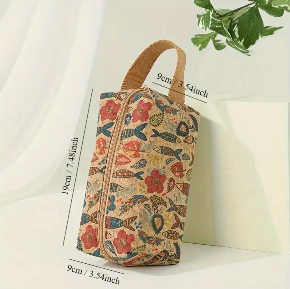 Cork Makeup Bag / Toilet Bag with Vintage Floral Print made from Cork material.