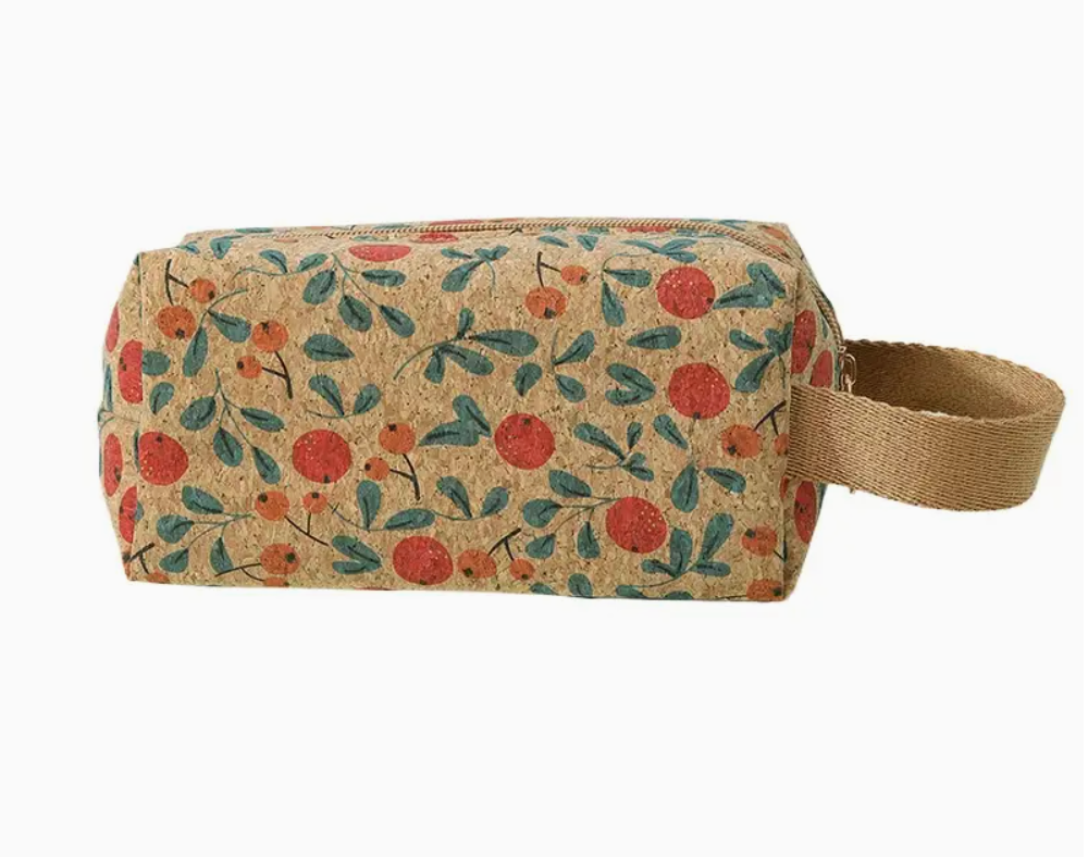 Cork Makeup Bag / Toilet Bag with Vintage Floral Print made from Cork material.