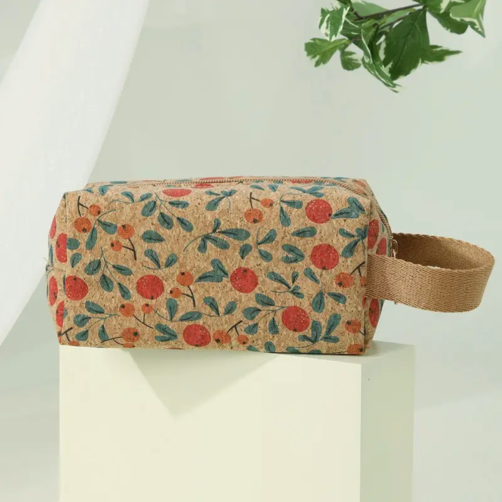Cork Makeup Bag / Toilet Bag with Vintage Floral Print made from Cork material.