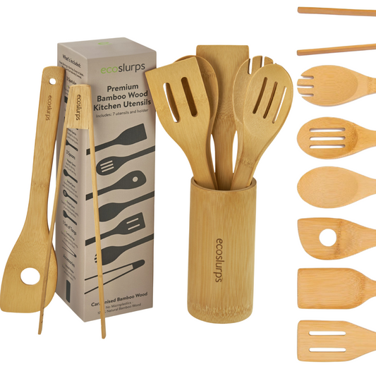 EcoSlurps 8 Bamboo Kitchen Utensils Set - British Brand of Carbonised Wooden Spoons, Spatulas and Utensils Non-Stick Wooden Material with Storage Holder - Premium Kitchen Gift Set (8)