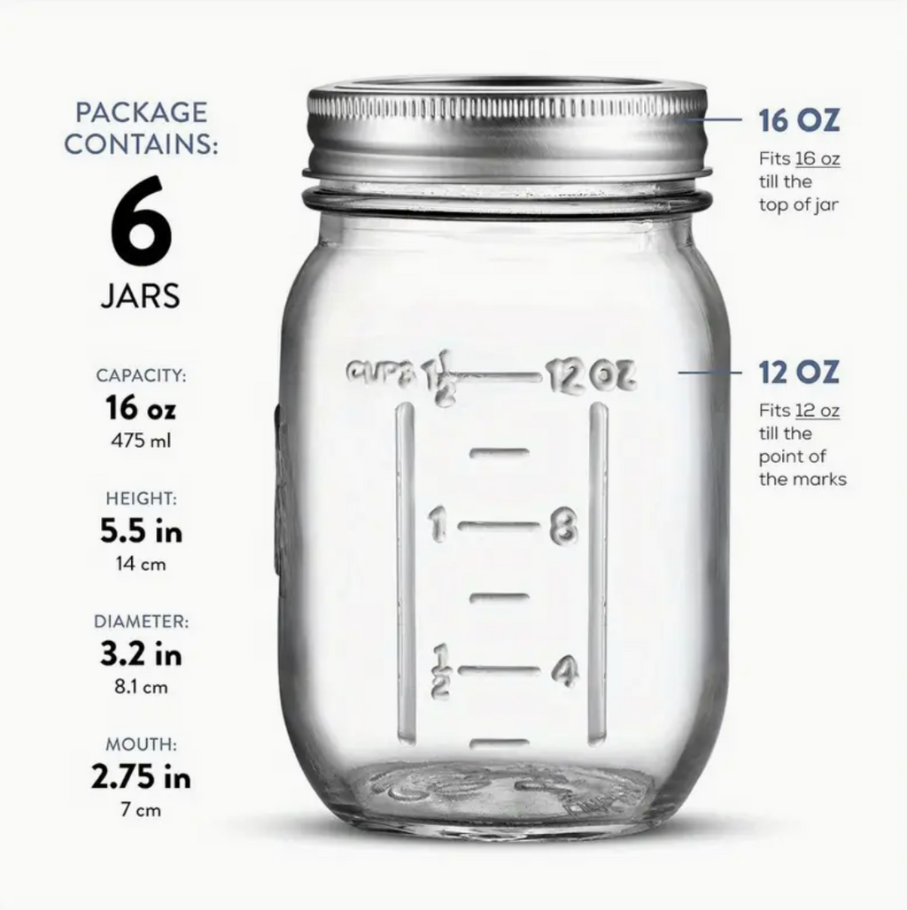 6 Glass Fermentation and Picking Jars (16oz/475ml)
